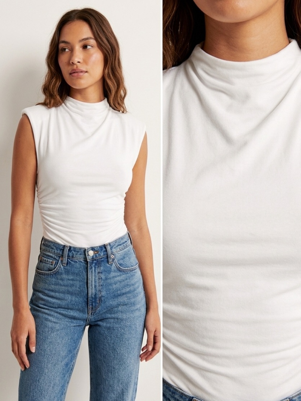 Abercrombie & Fitch White Draped Shoulder Mock Neck Bodysuit Modal Collection